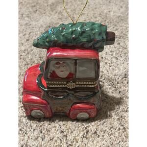 Mr. Christmas Music Box Ornament Red truck w/Christmas Tree & Santa Claus Joy